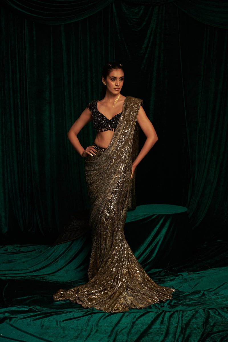 Black embroidered Blouse with Fishtail Saree — image 1
