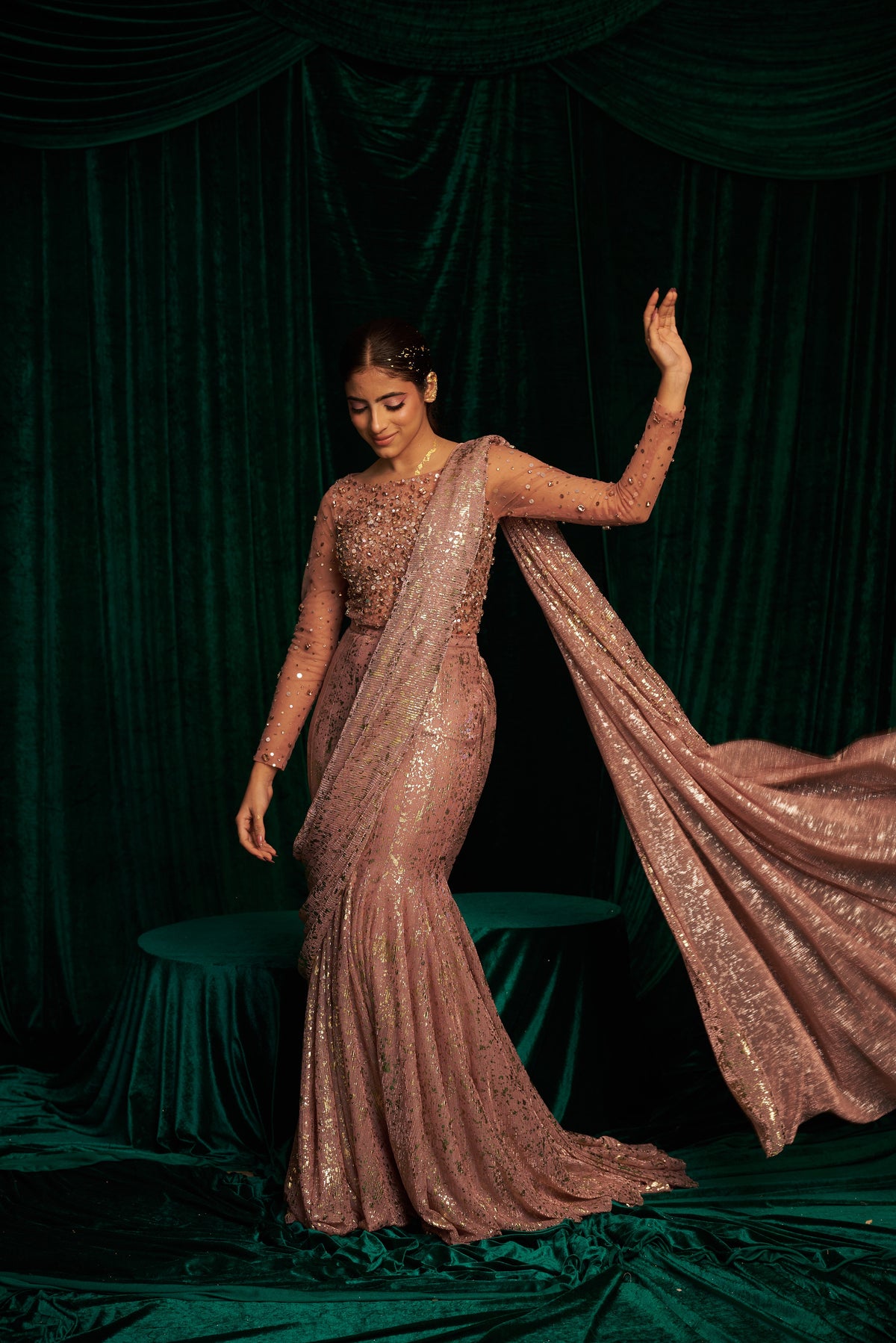 Full sleeve hand embroidered bodysuit with fishtail saree — image 1