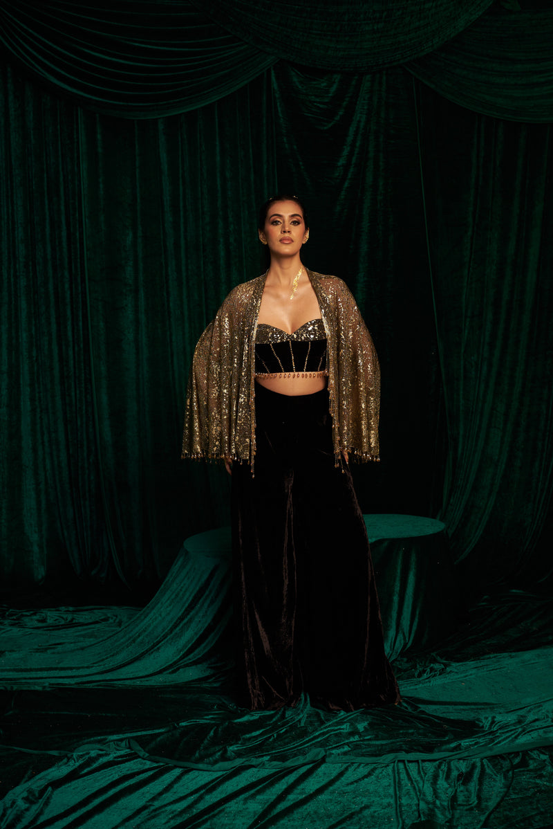 velvet blouse And Pant Set paired with Cape Jacket — image 1