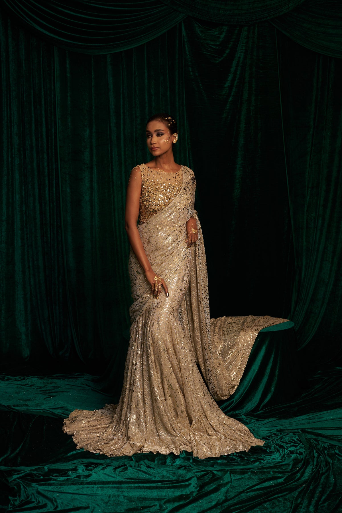 Hand embellished Bodysuit with Fishtail Saree — image 1