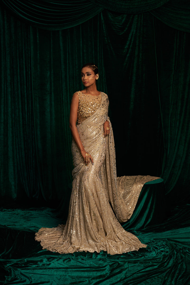 Hand embellished Bodysuit with Fishtail Saree — image 1