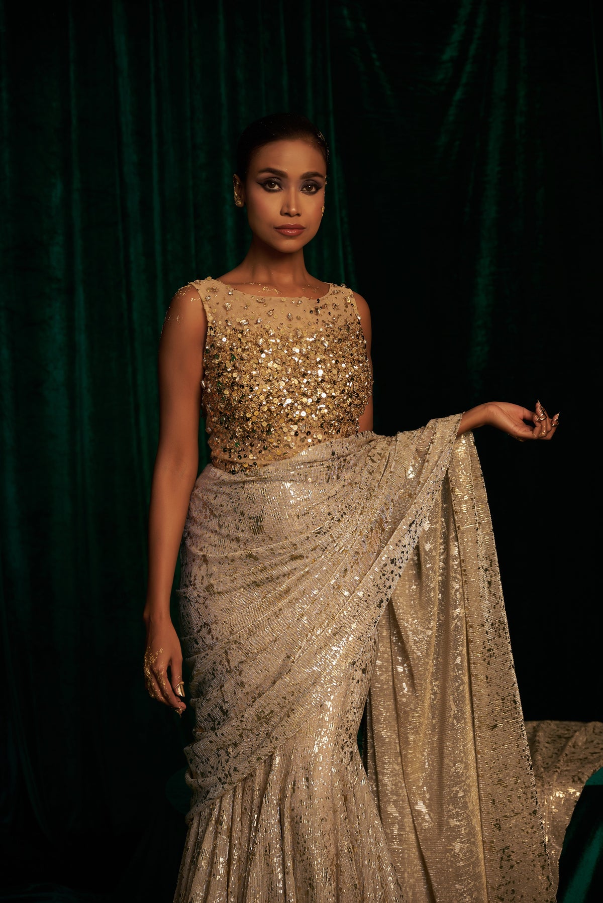 Hand embellished Bodysuit with Fishtail Saree — image 2