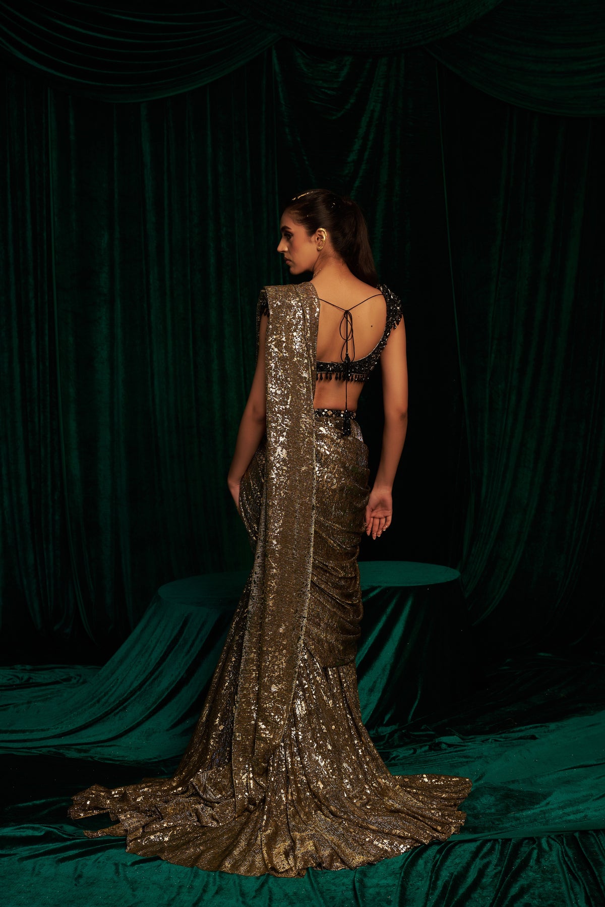 Black embroidered Blouse with Fishtail Saree — image 2