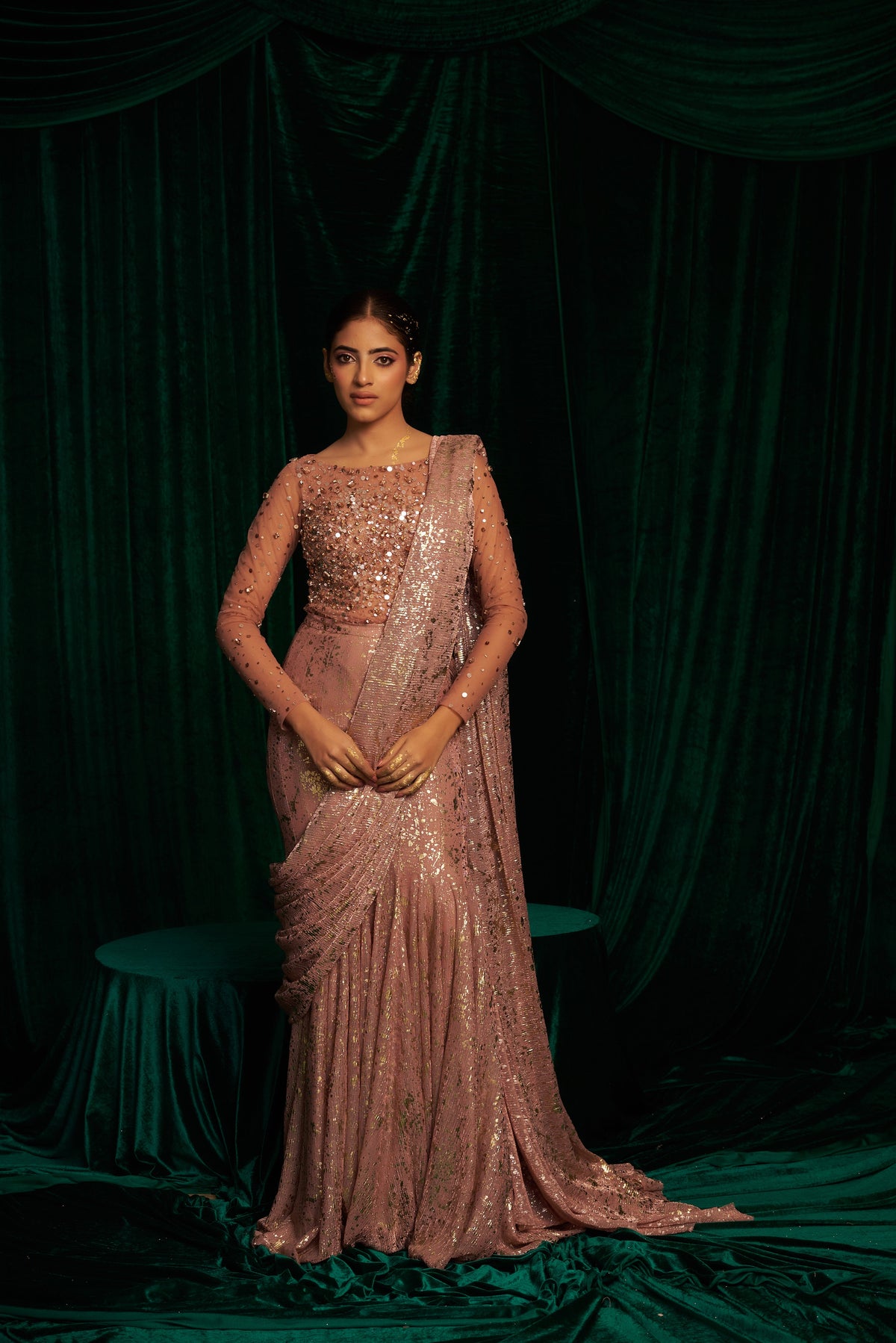 Full sleeve hand embroidered bodysuit with fishtail saree — image 2