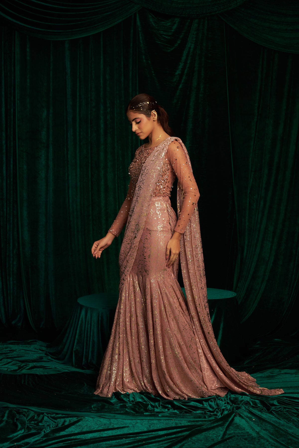 Full sleeve hand embroidered bodysuit with fishtail saree — image 3