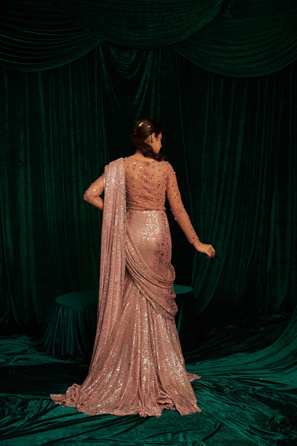 Full sleeve hand embroidered bodysuit with fishtail saree — image 4