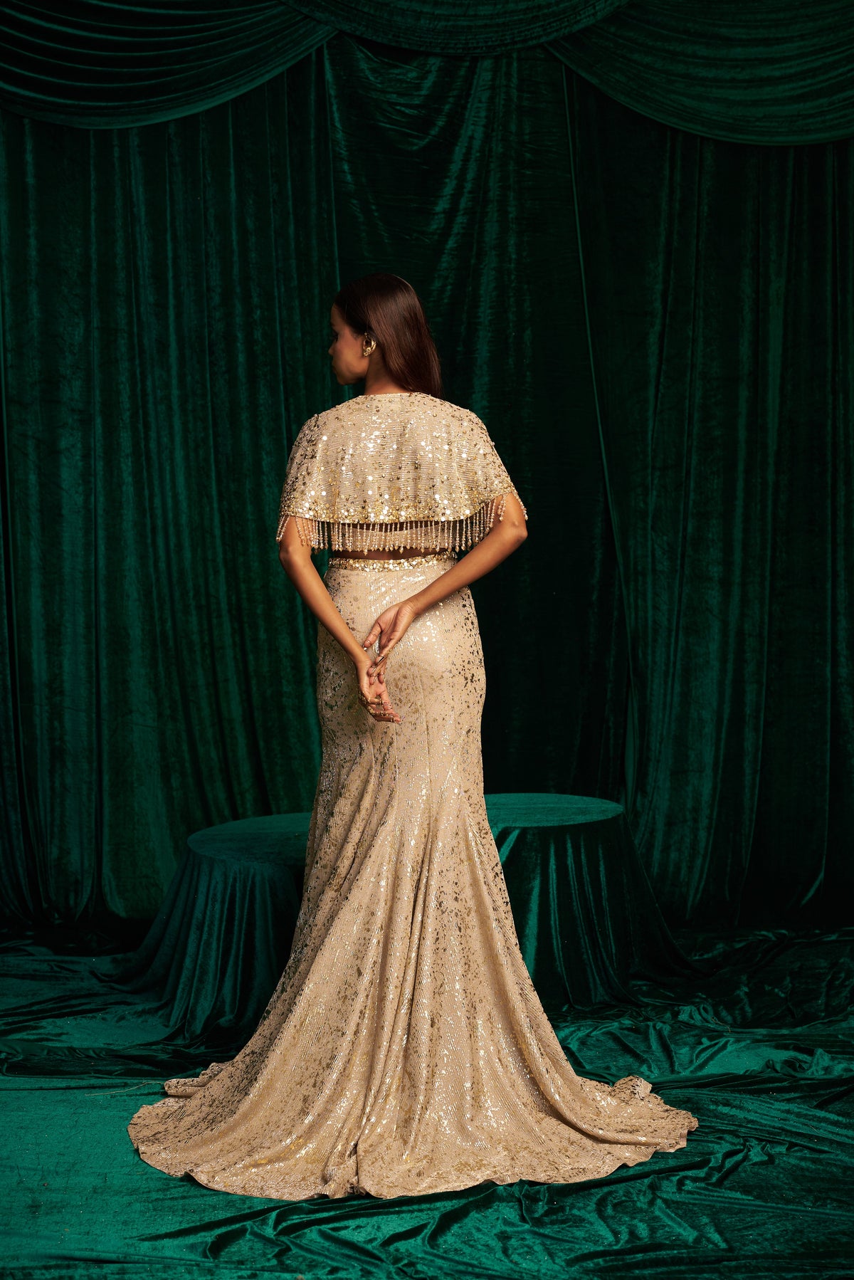 Embroidered Short Cape With Fishtail Skirt — image 3