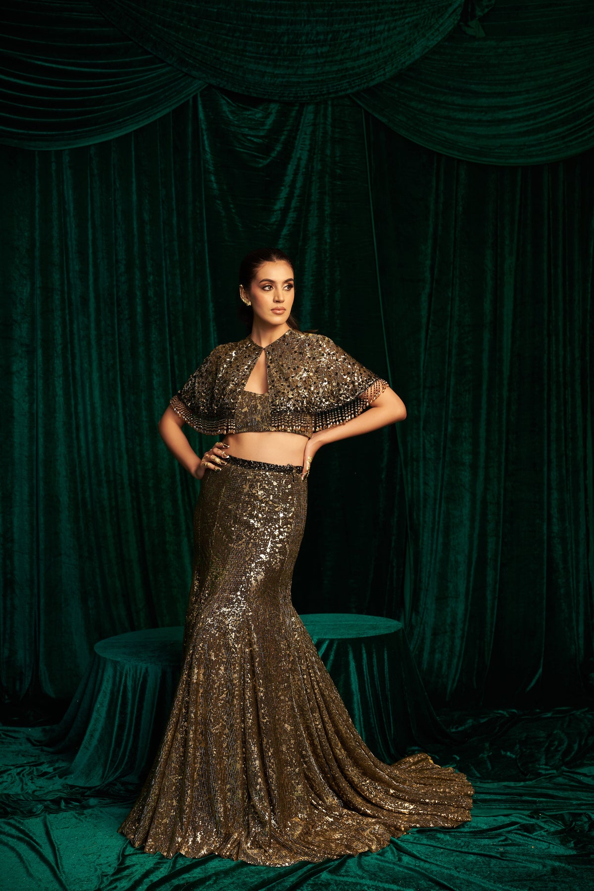 Embroidered Short Cape With Fishtail Skirt — image 9