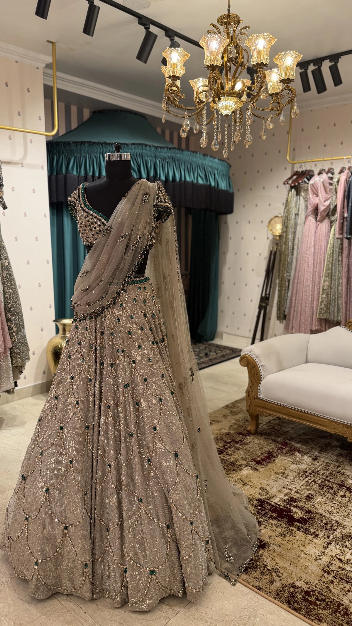 Green & Gold Stone Lehenga Set — image 4