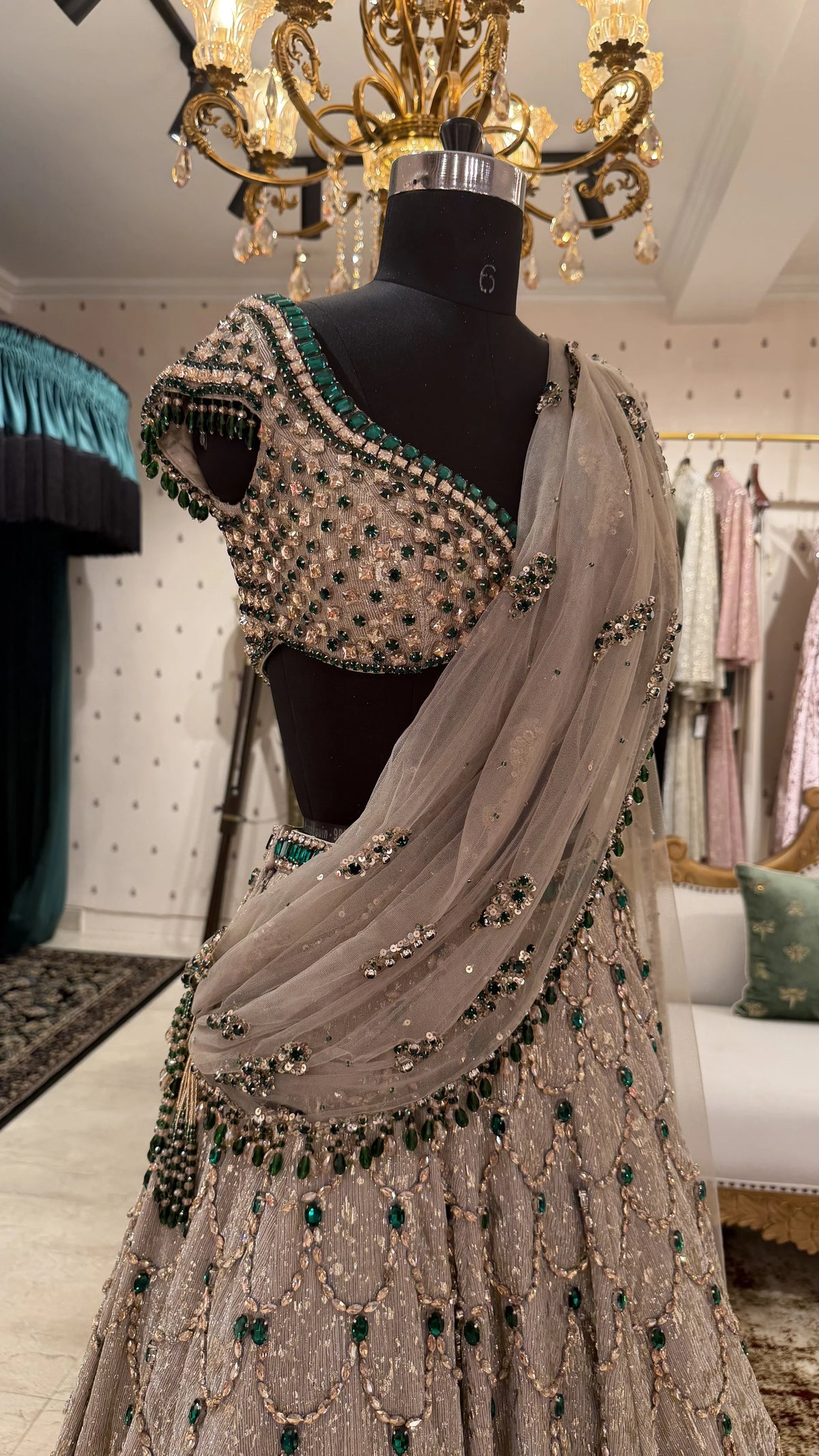 Green & Gold Stone Lehenga Set — image 5