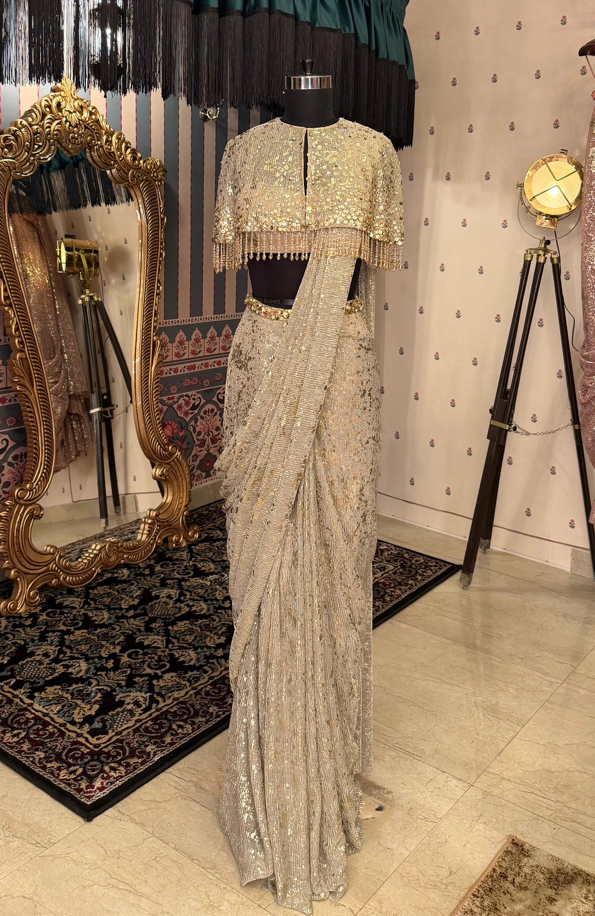 Short Embellished Cape With Classic Saree — image 3