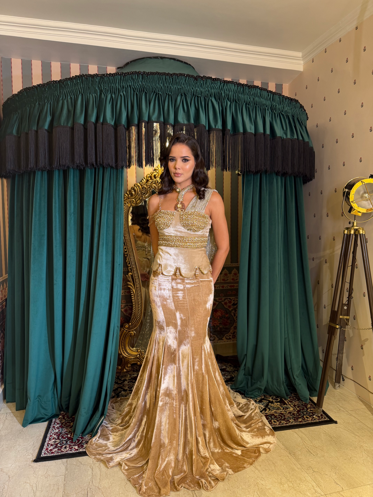 Gold silk velvet scallop top with fishtail skirt