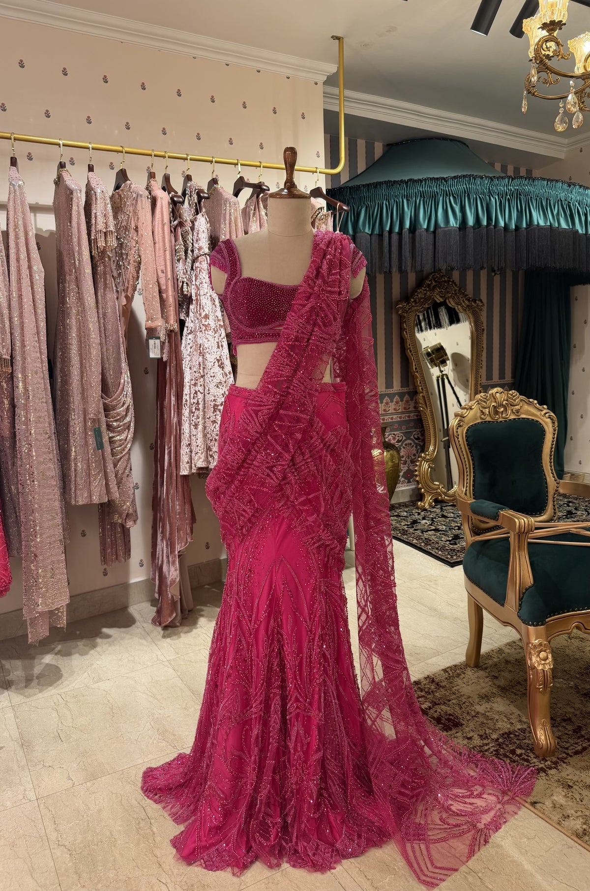 Pink hand embroidery fishtail saree set