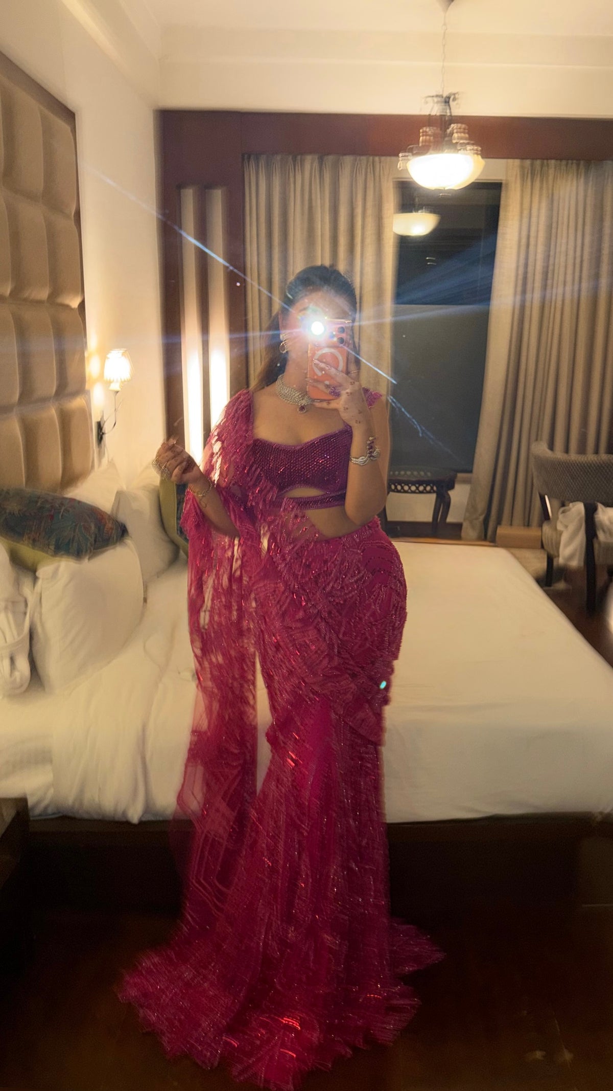Pink hand embroidery fishtail saree set