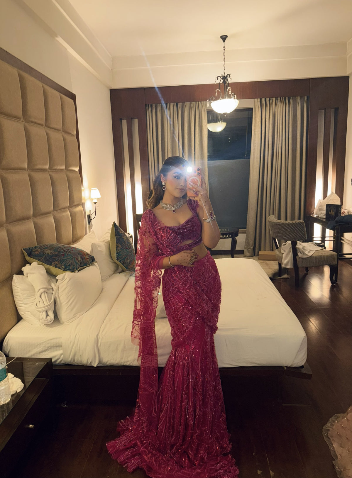 Pink hand embroidery fishtail saree set
