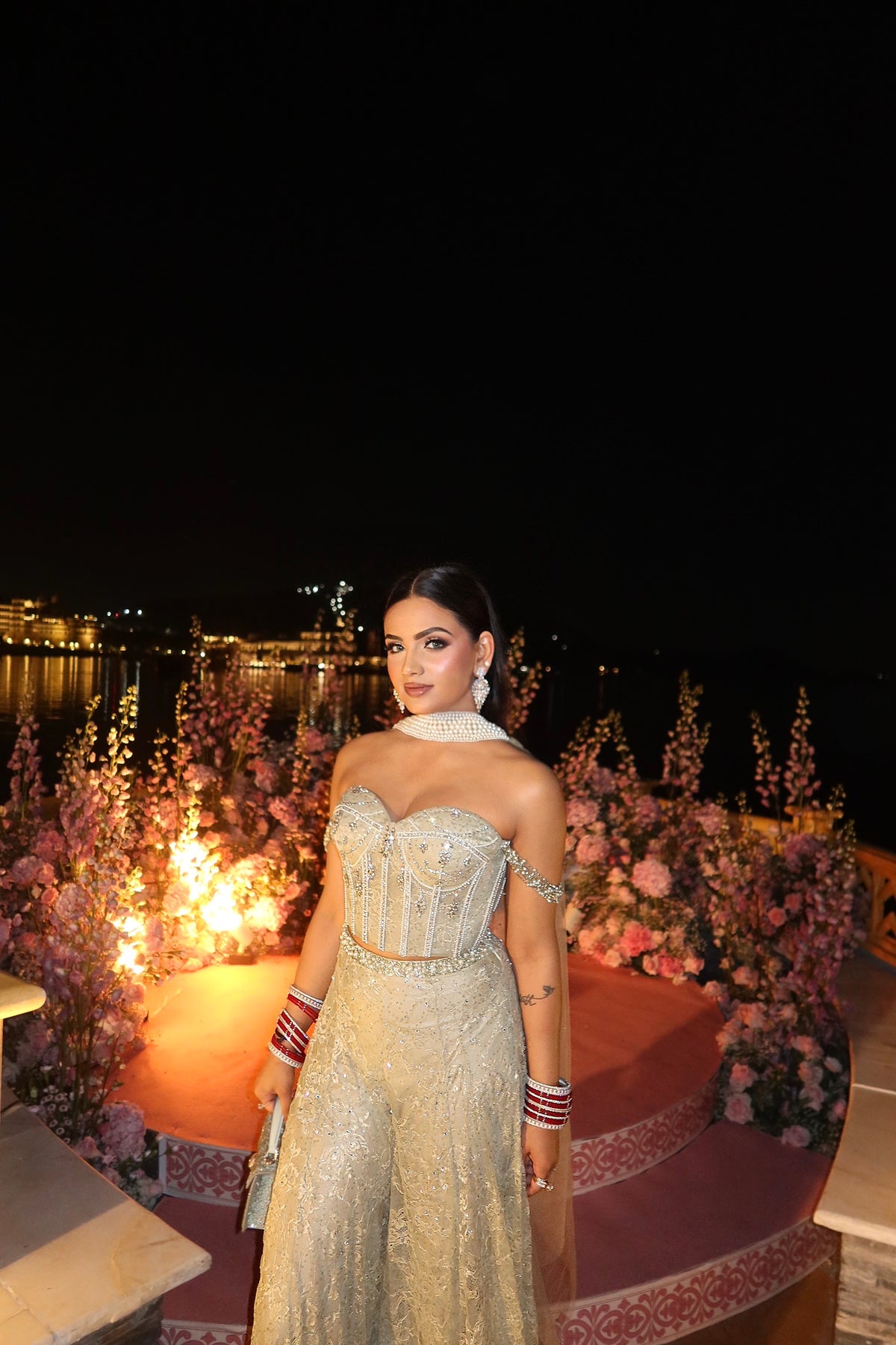 Better Together corset and pants set in sage green – full-length view at an evening celebration