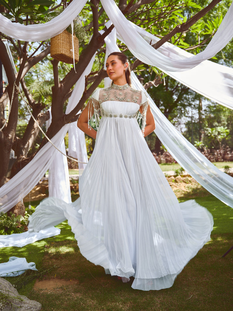 For her embellished gown