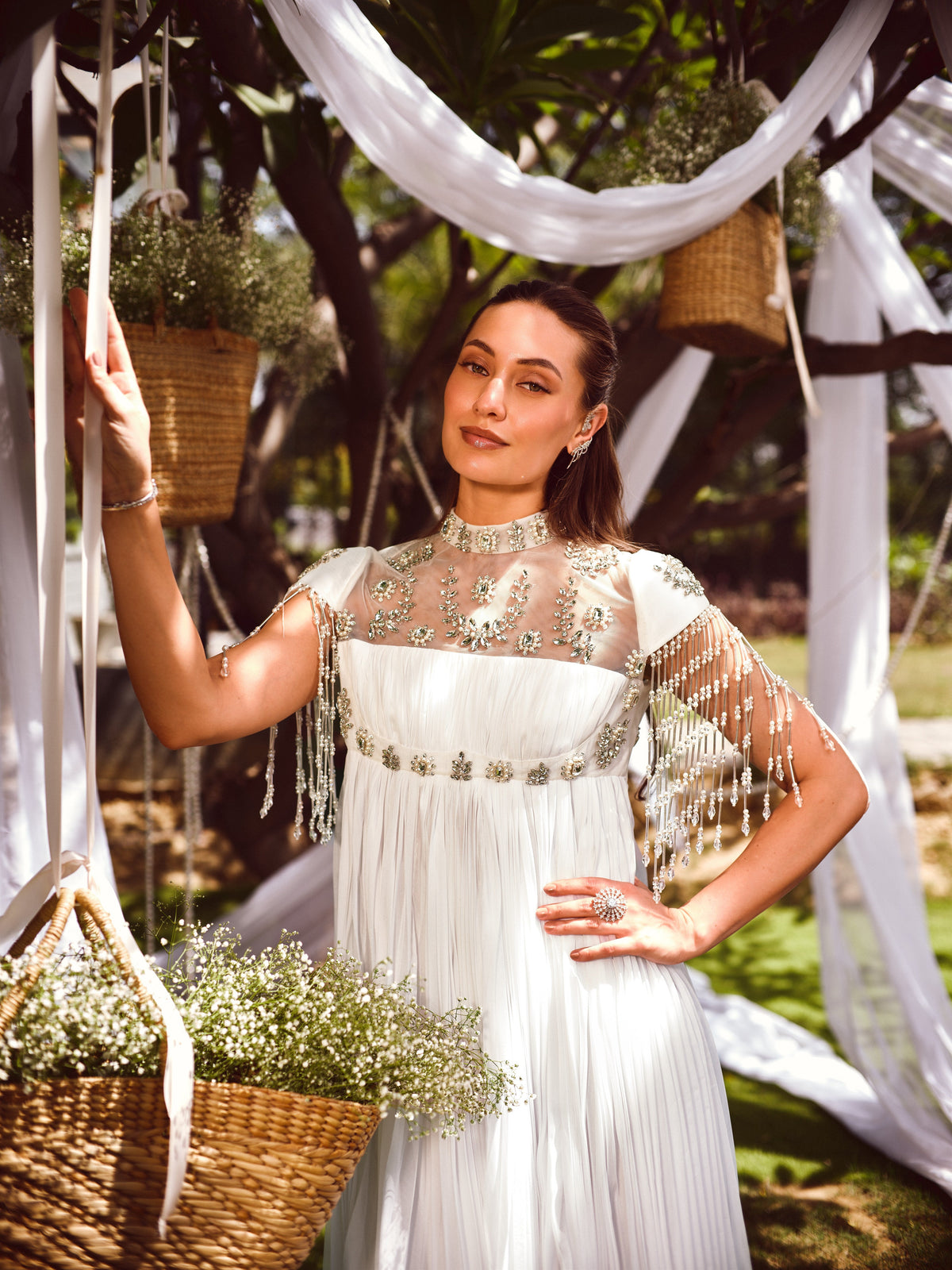 For her embellished gown