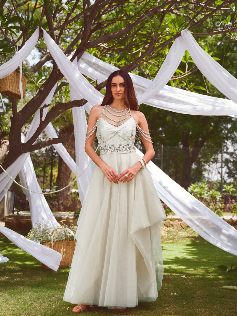 Sage Tulle Gown with Pearl Drape Neckline