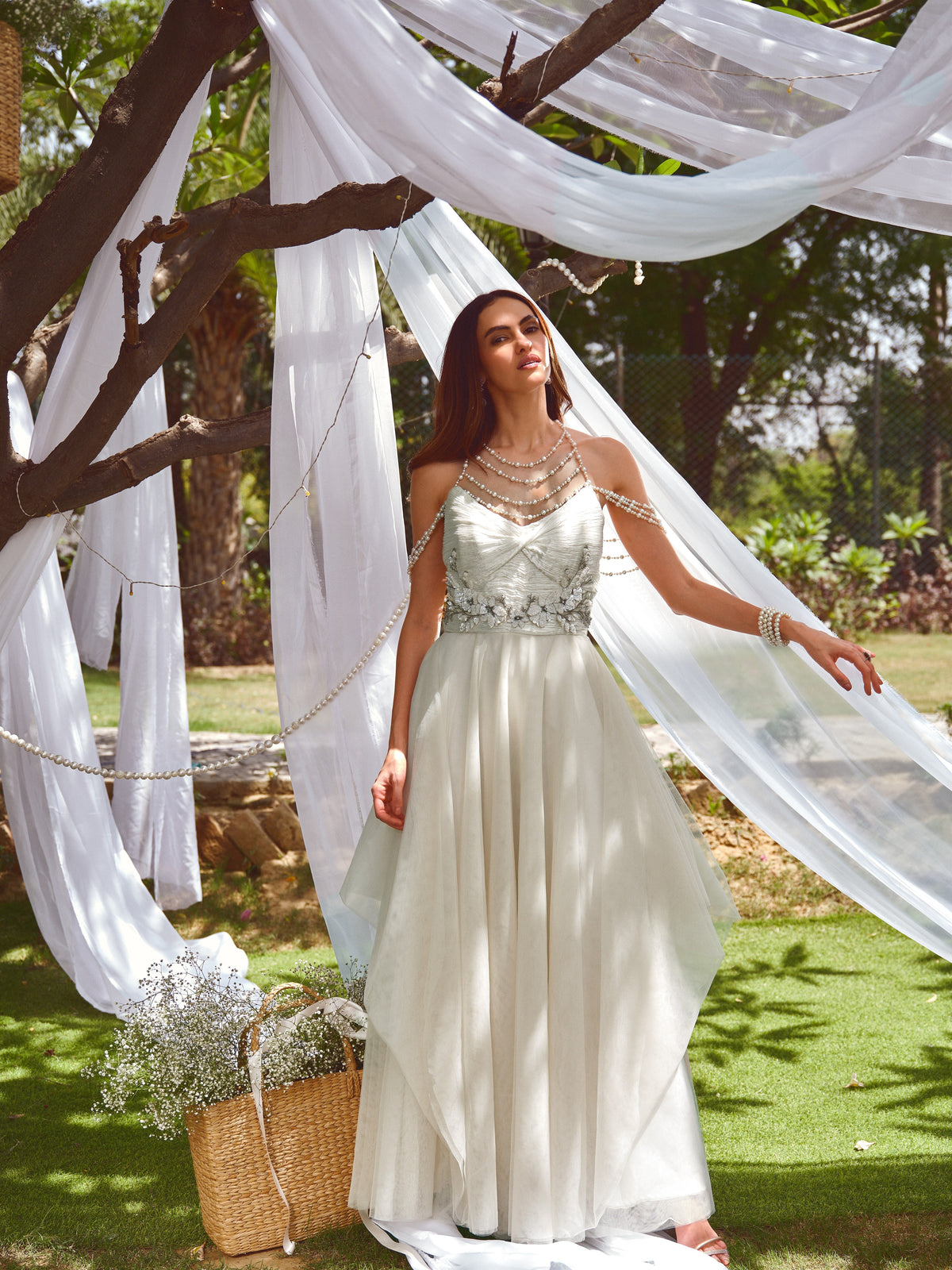 Sage Tulle Gown with Pearl Drape Neckline