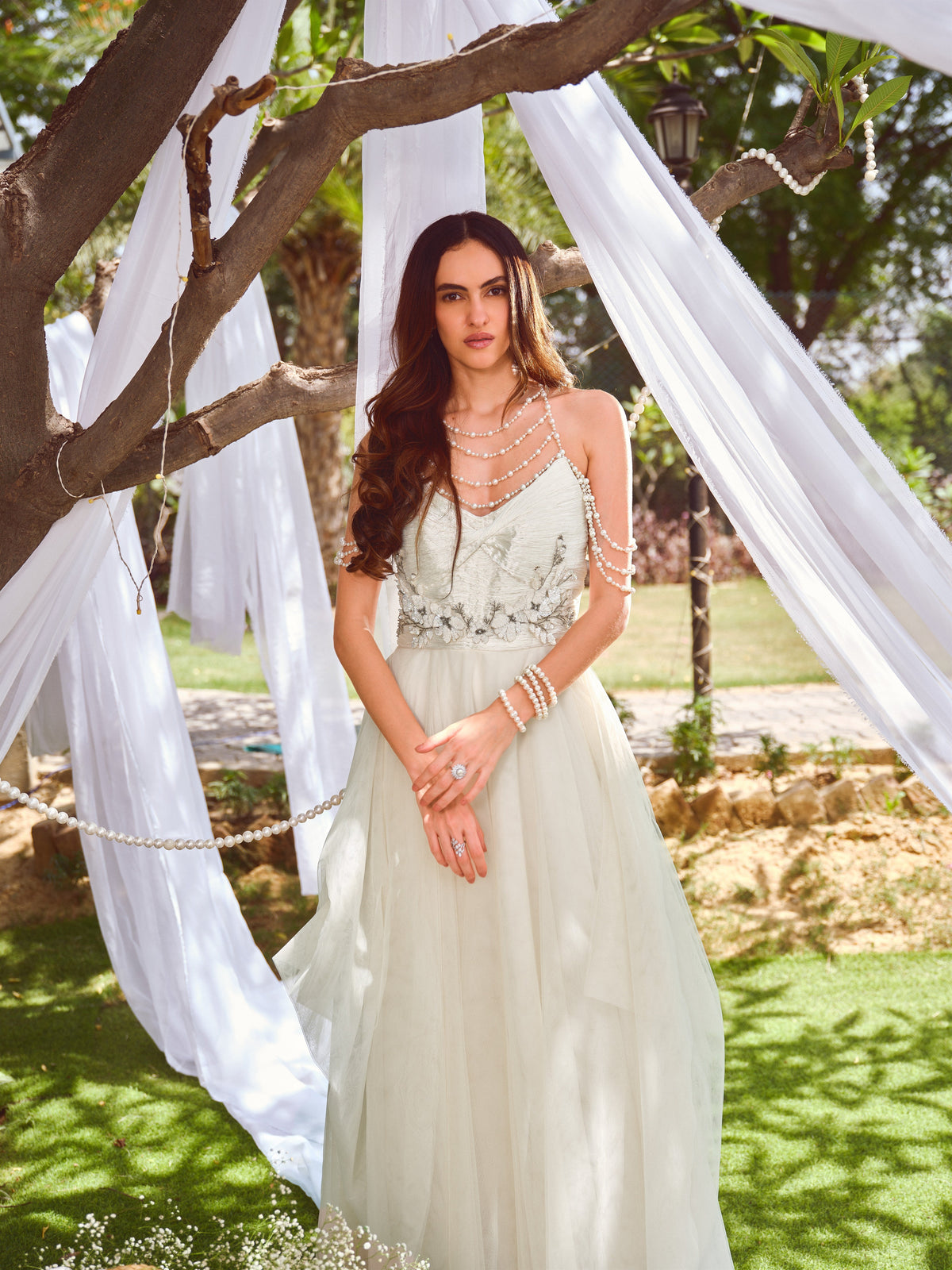 Sage Tulle Gown with Pearl Drape Neckline