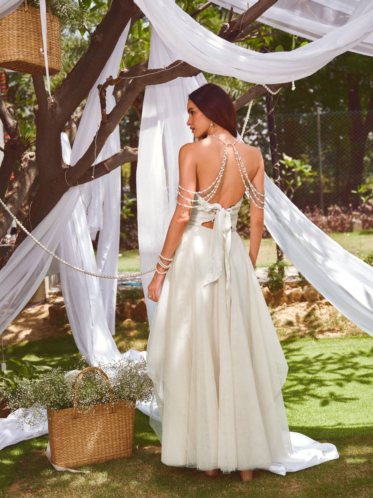 Sage Tulle Gown with Pearl Drape Neckline