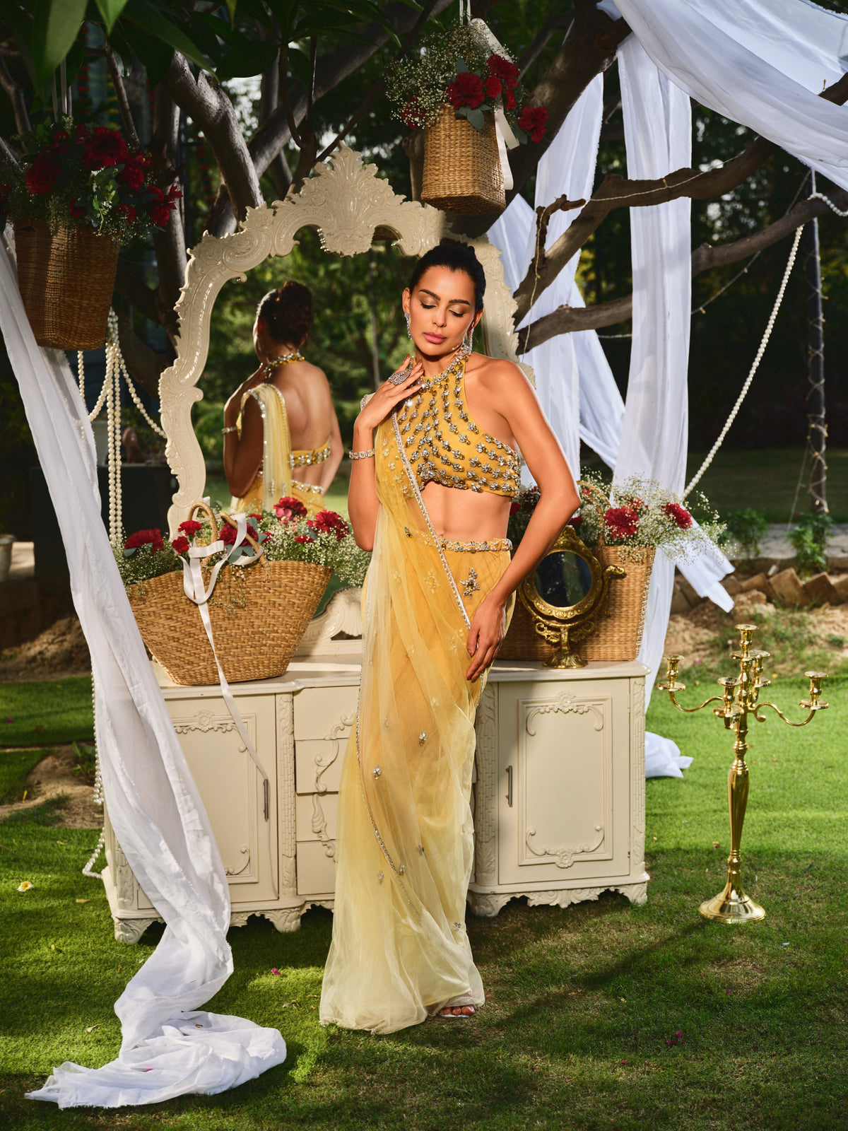 The sunset soiree yellow ombre saree set