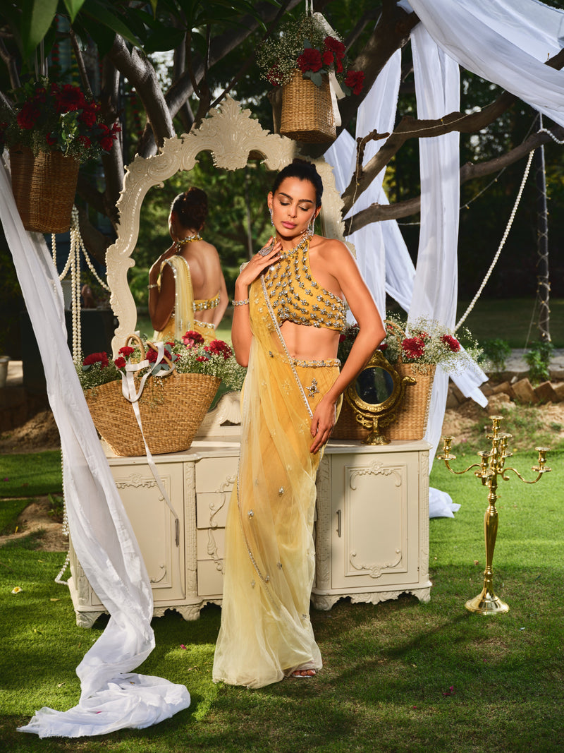 The sunset soiree yellow ombre saree set