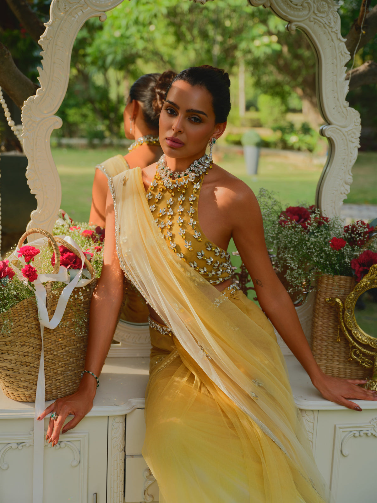 The sunset soiree yellow ombre saree set