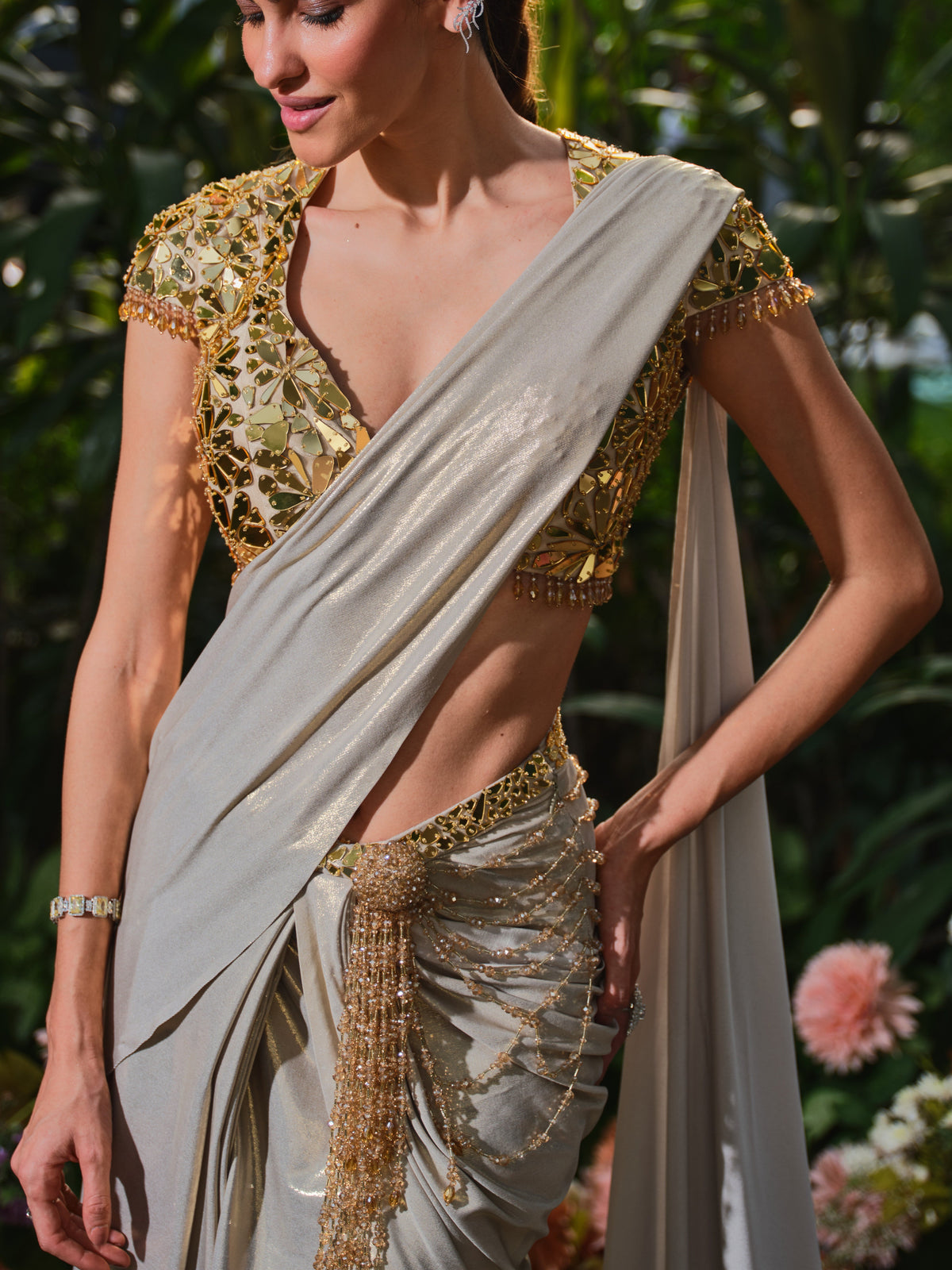 The beside her champagne saree set