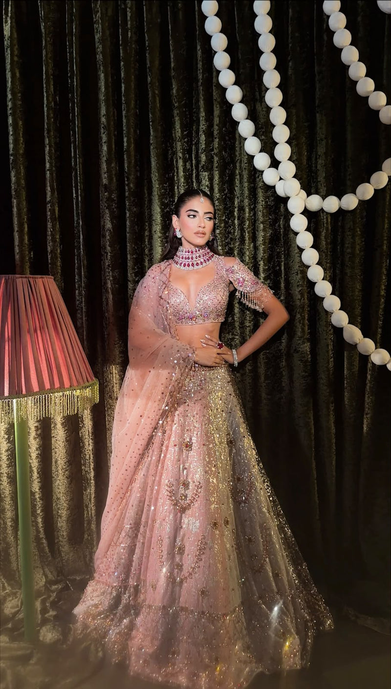 Multicolour stonework lehenga set – full-length front view with sheer dupatta